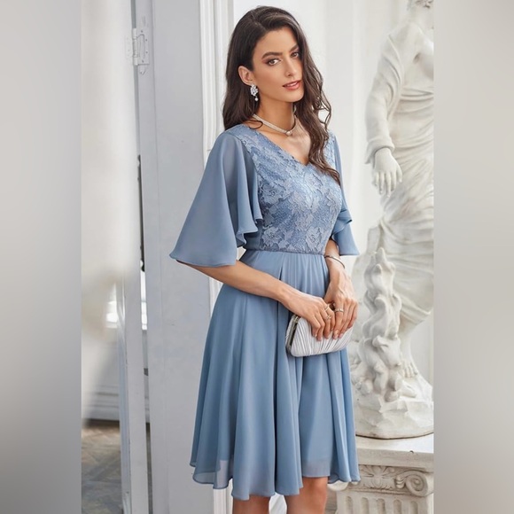 NEW| Women's Chiffon Flutter Sleeves Pleated V-Neck Lace Cocktail Dress - Picture 2 of 7